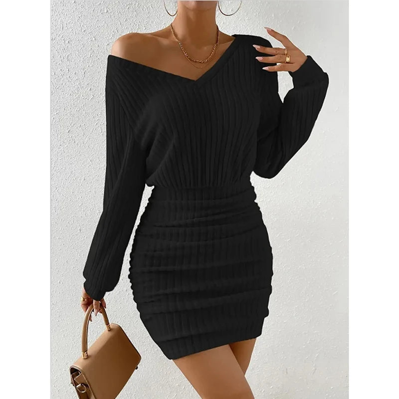 Knitted Sweater V-Neck Mini Dress