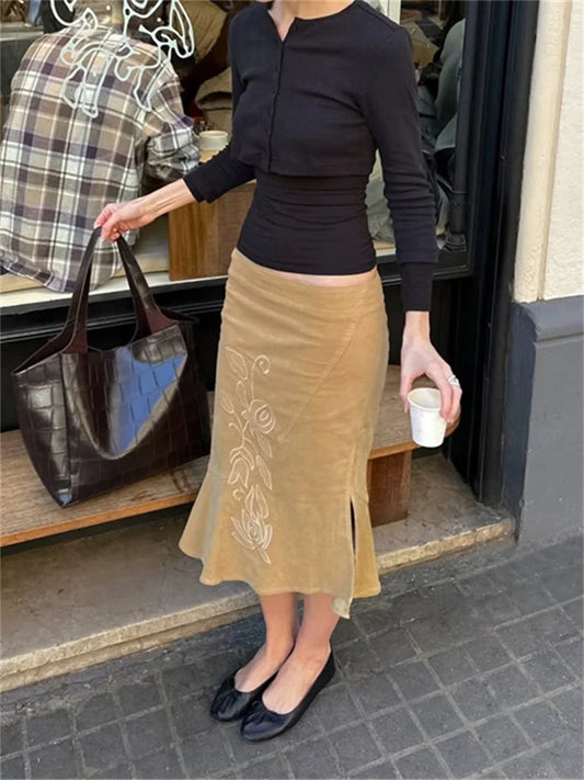 Vintage Printed Side Split Skirt