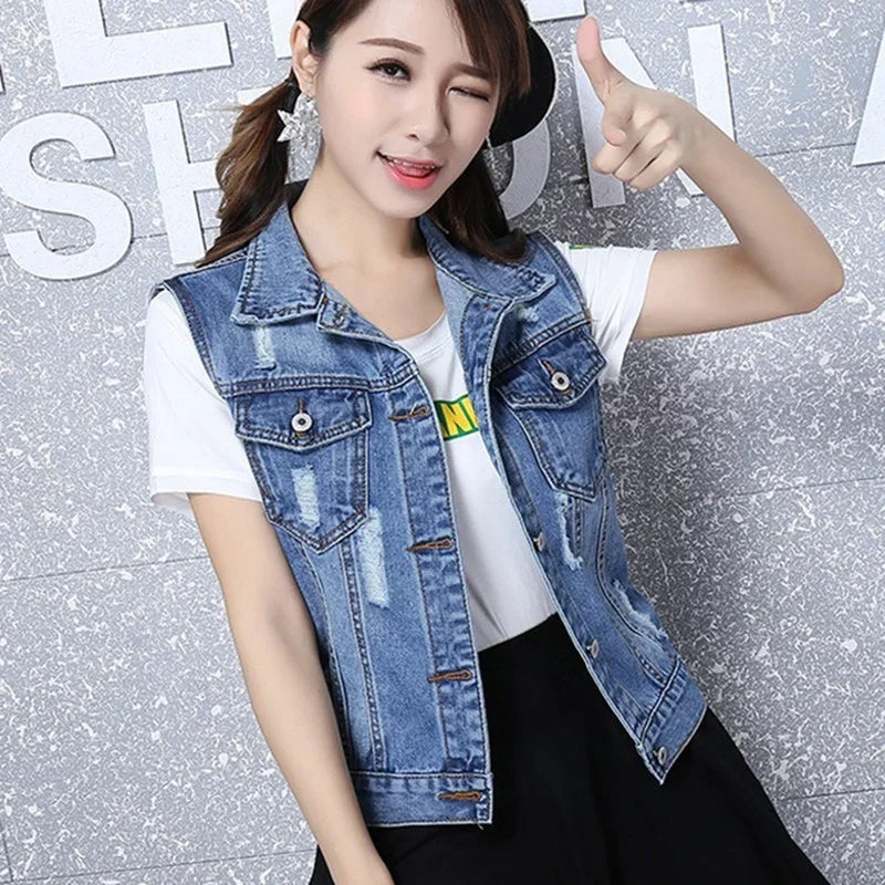 Distressed Denim Vest Jacket Plus Size