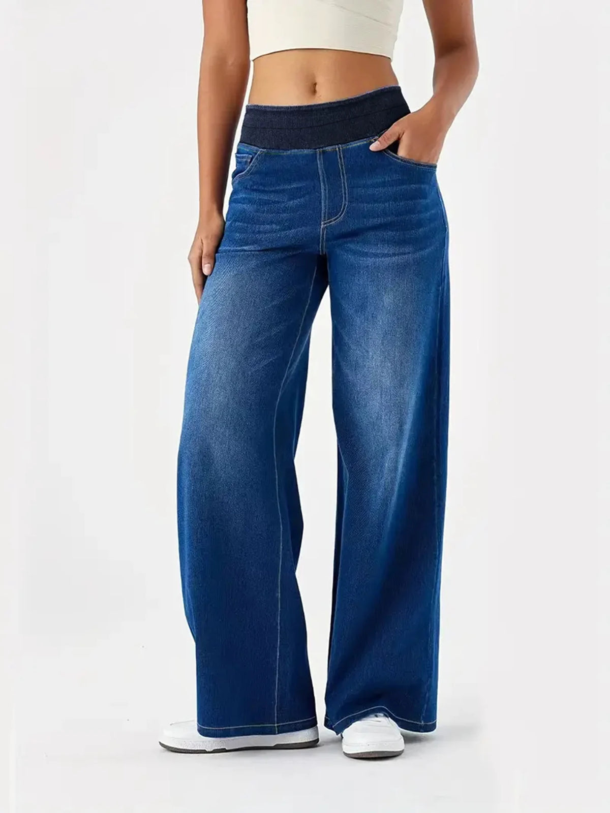 Elastic Waist Straight Leg Jeans