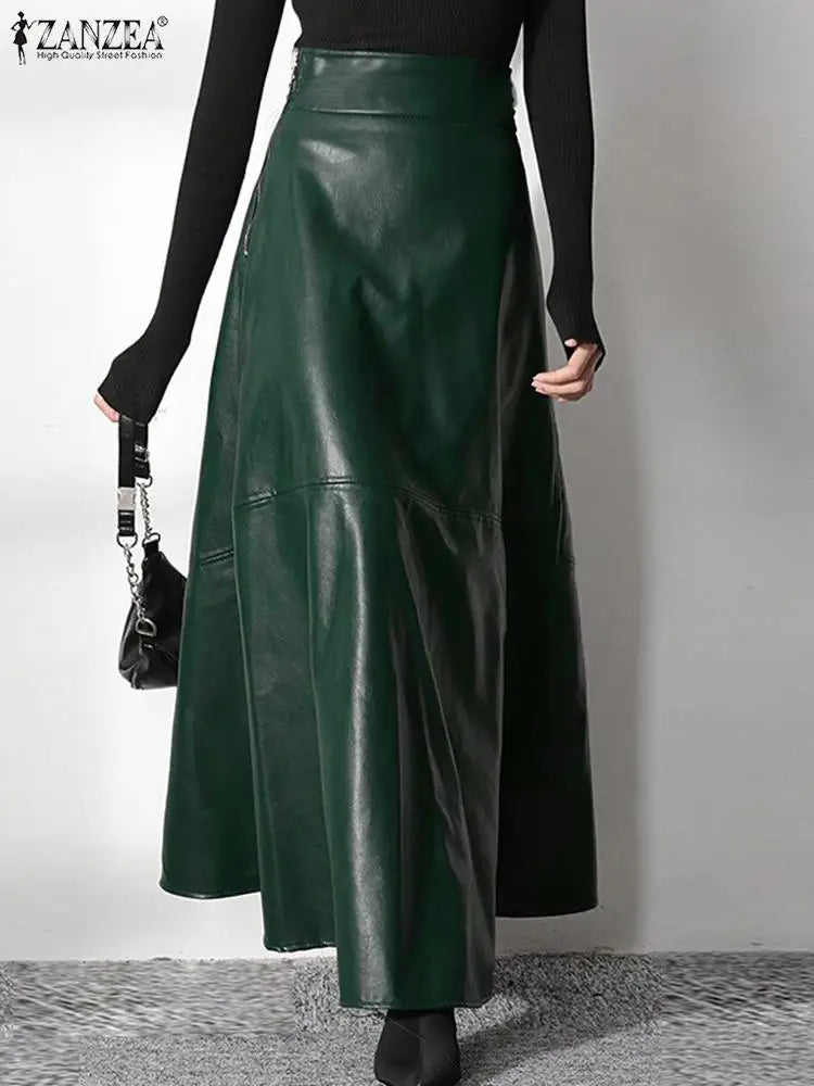 Solid PU Leather Maxi Skirt