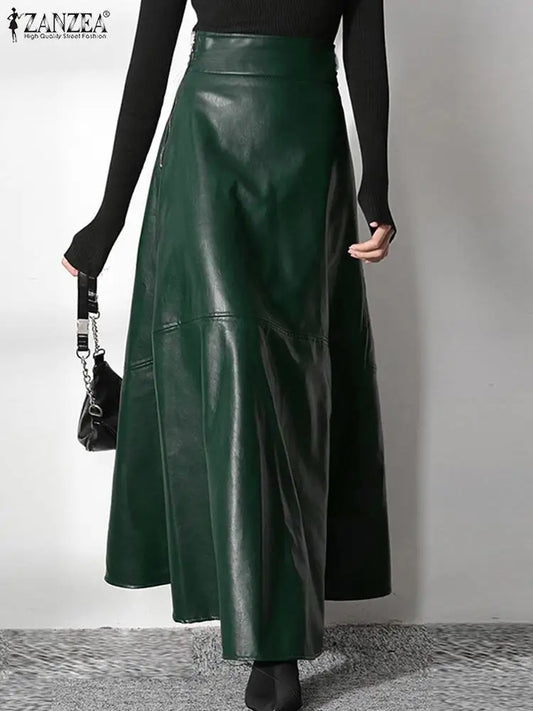 Solid PU Leather Maxi Skirt