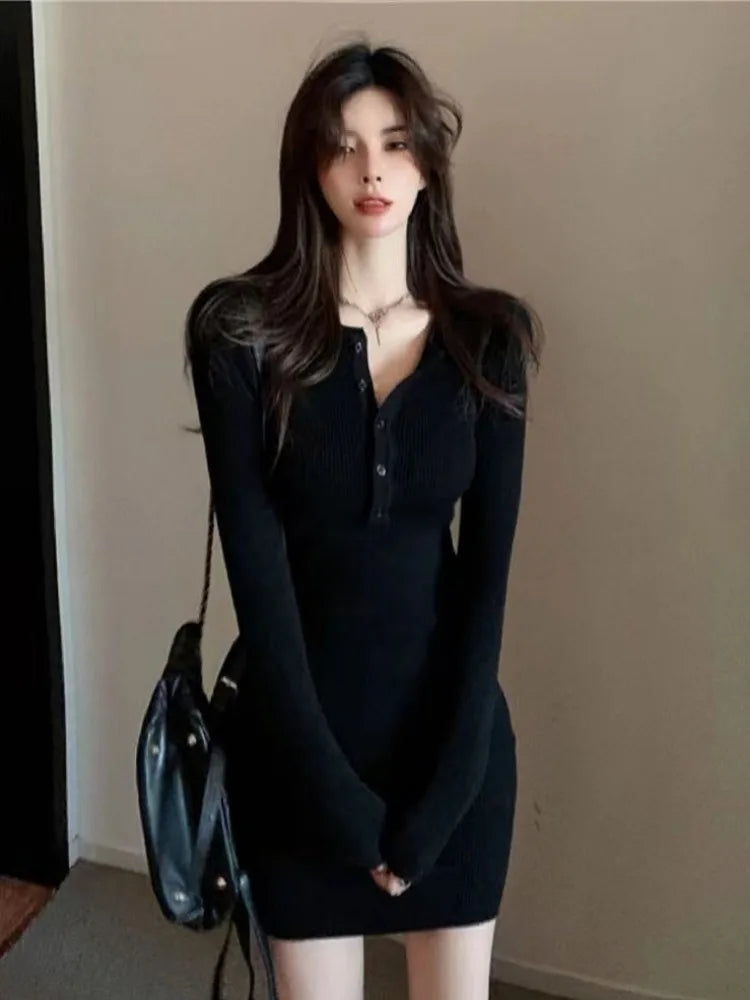 V-Neck Button Bodycon Mini Dress