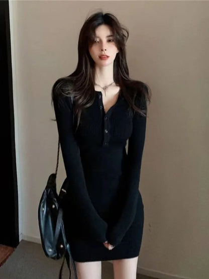 V-Neck Button Bodycon Mini Dress