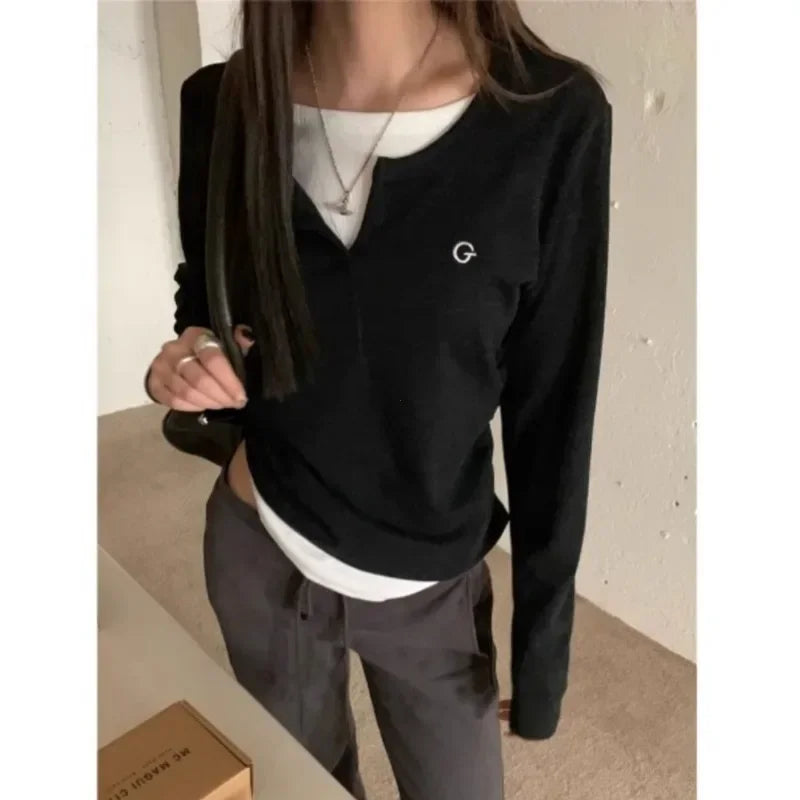 Fake Two-Piece Long Sleeve O-Neck T-Shirt