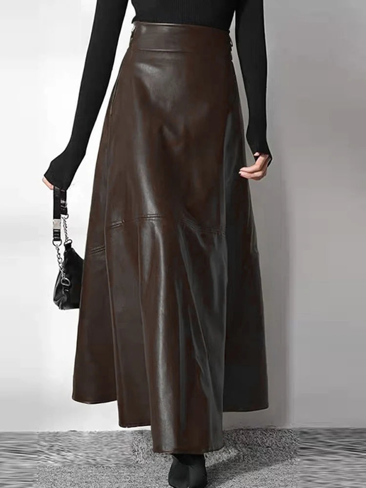Solid PU Leather Maxi Skirt