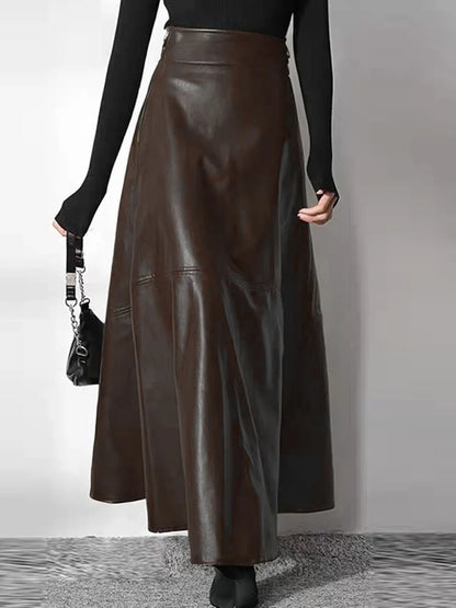 Solid PU Leather Maxi Skirt