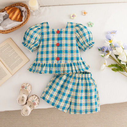 Baby Girl Plaid Bubble Sleeve Set