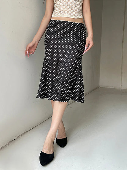 Dot Print Low Waist Midi Skirt