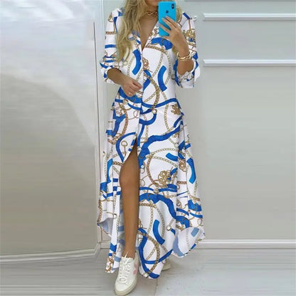 Boho Printed Turn-Down Collar Dress
