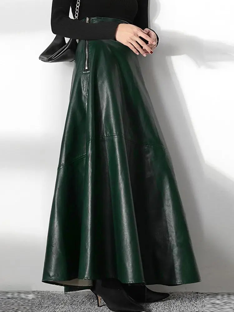 Solid PU Leather Maxi Skirt