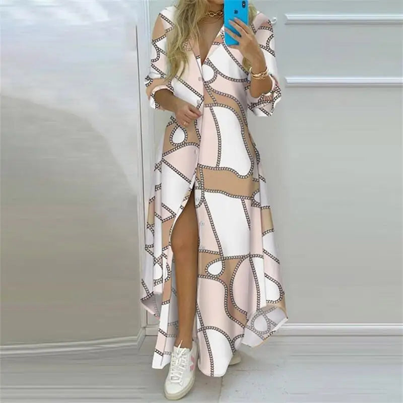 Boho Printed Turn-Down Collar Dress