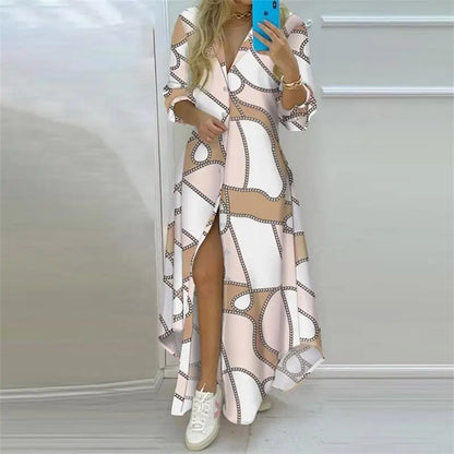 Boho Printed Turn-Down Collar Dress