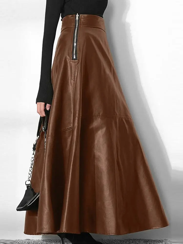 Solid PU Leather Maxi Skirt