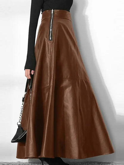 Solid PU Leather Maxi Skirt