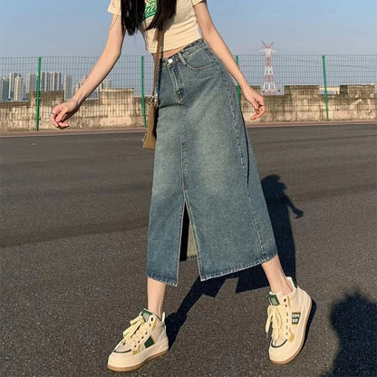 High-Waist Slit Denim Skirt
