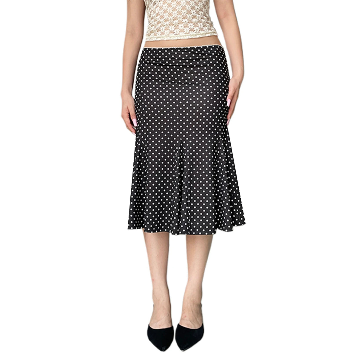 Dot Print Low Waist Midi Skirt