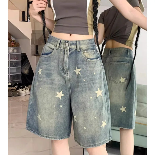 Floral Print Wide Leg Denim Shorts