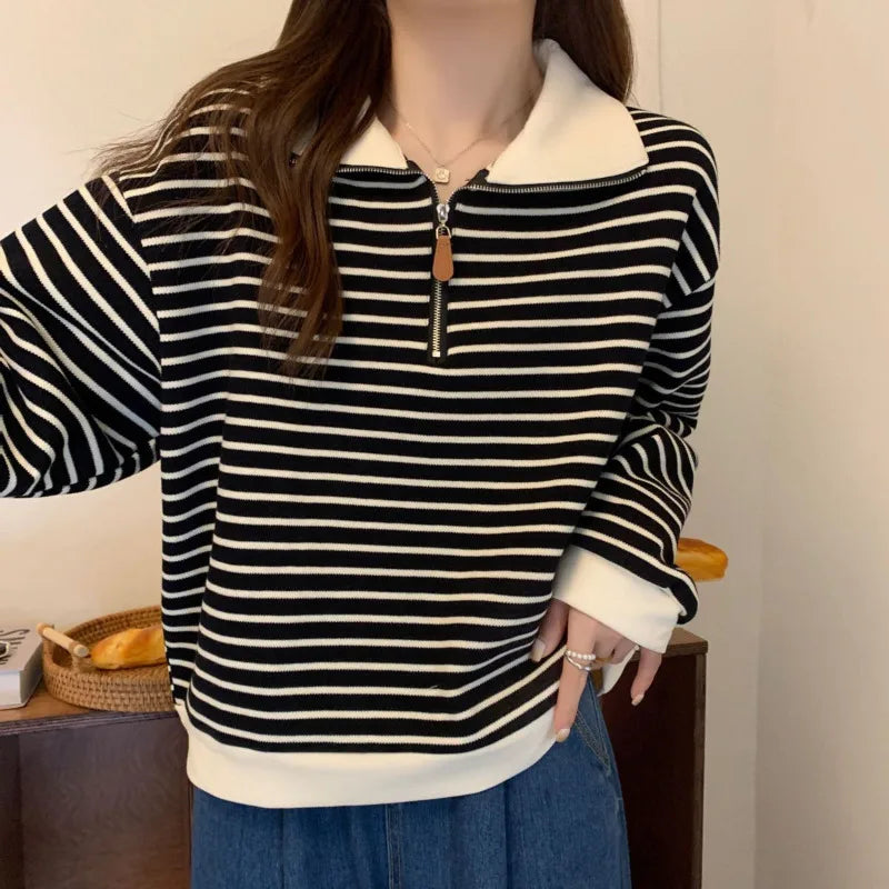 Striped Half Zip Long Sleeve Sweatshirt