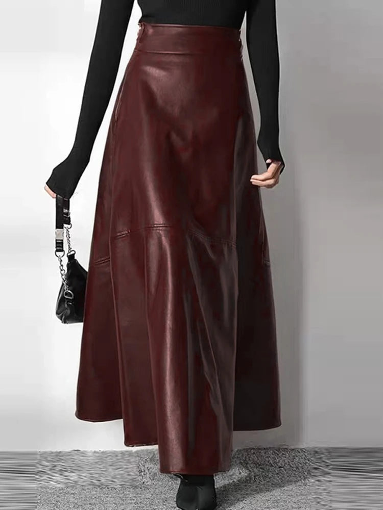 Solid PU Leather Maxi Skirt