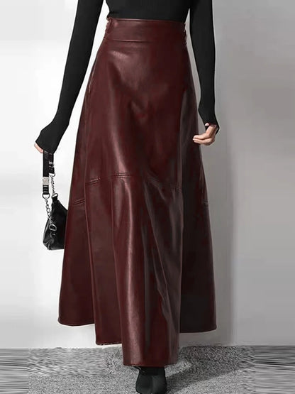 Solid PU Leather Maxi Skirt