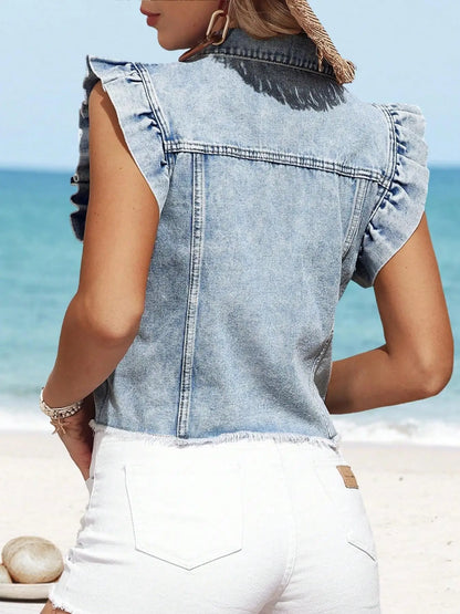 Ruffle Sleeve Denim Vest with Frayed Hem