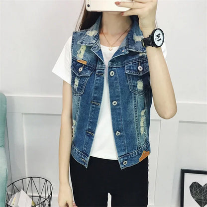 Distressed Denim Vest Jacket Plus Size