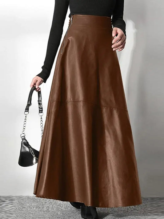 Solid PU Leather Maxi Skirt
