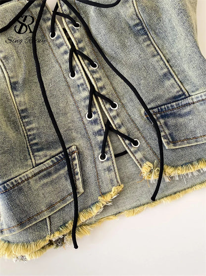 Lace-Up Denim Halter Corset Top