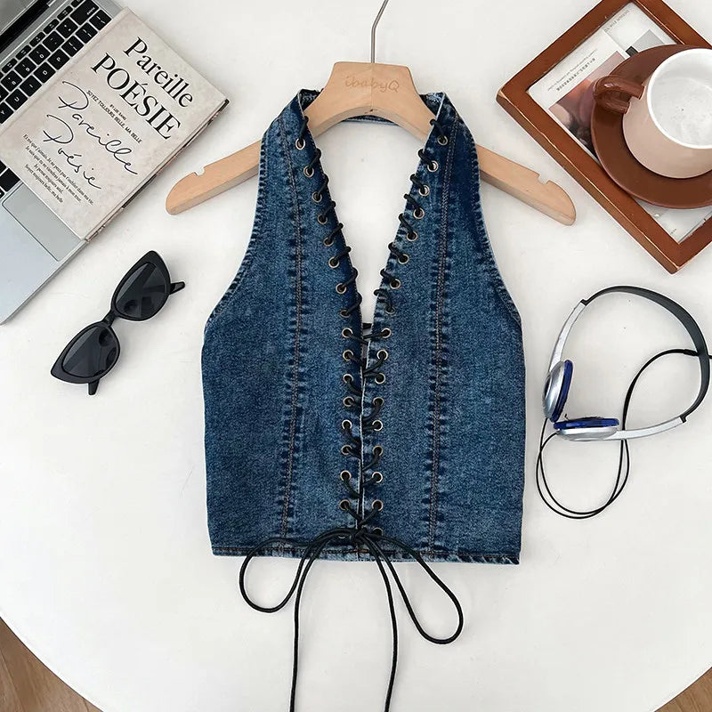 Lace-Up Denim Halter Corset Top