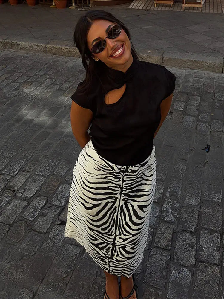 Zebra Print Ruched Midi Skirt
