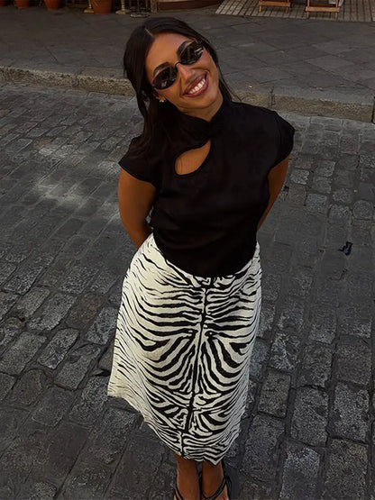 Zebra Print Ruched Midi Skirt