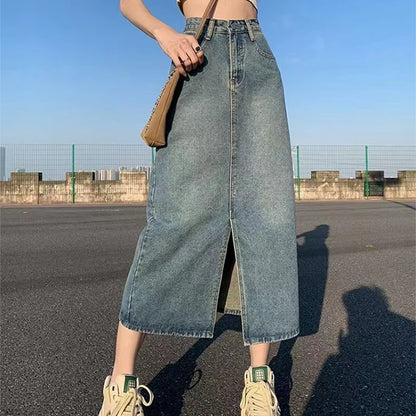 High-Waist Slit Denim Skirt