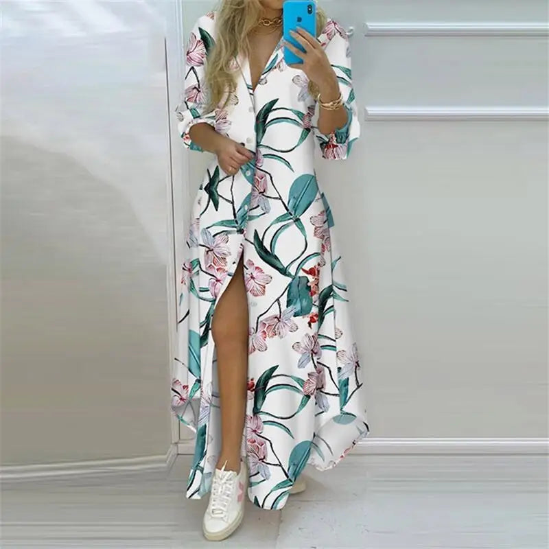 Boho Printed Turn-Down Collar Dress
