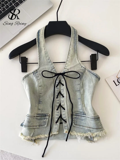 Lace-Up Denim Halter Corset Top