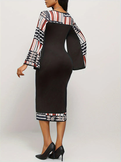 Bohemian Geometric Maxi Dress Bell Sleeves
