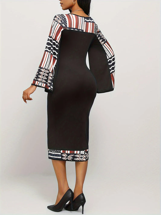 Bohemian Geometric Maxi Dress Bell Sleeves