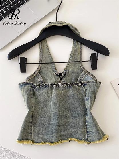 Lace-Up Denim Halter Corset Top