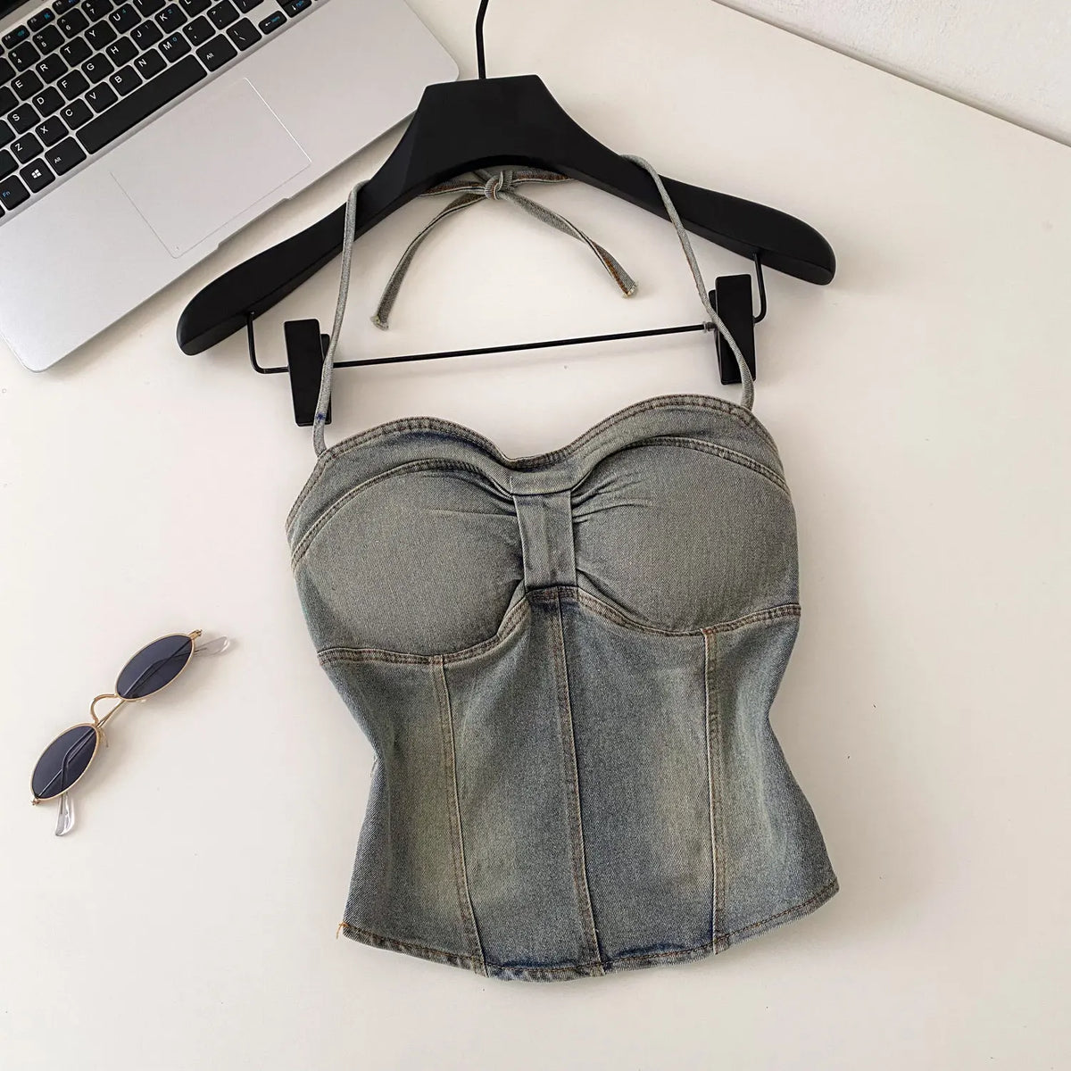 Lace-Up Denim Halter Corset Top