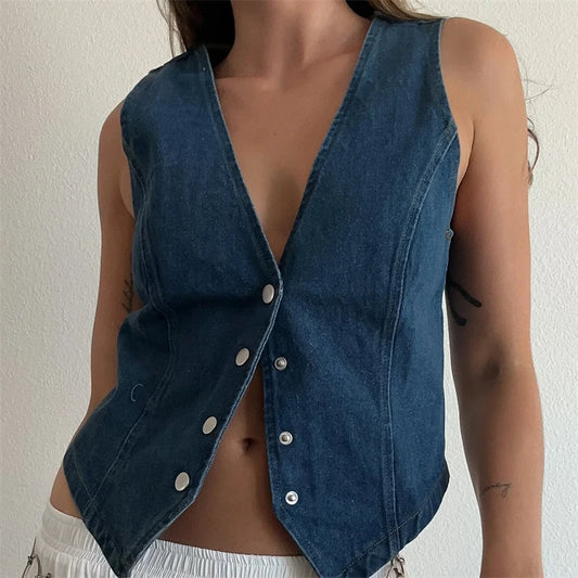Vintage V-Neck Button Denim Waistcoat