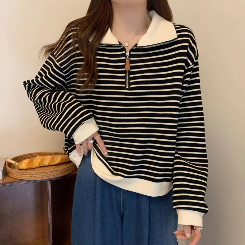 Striped Half Zip Long Sleeve Sweatshirt