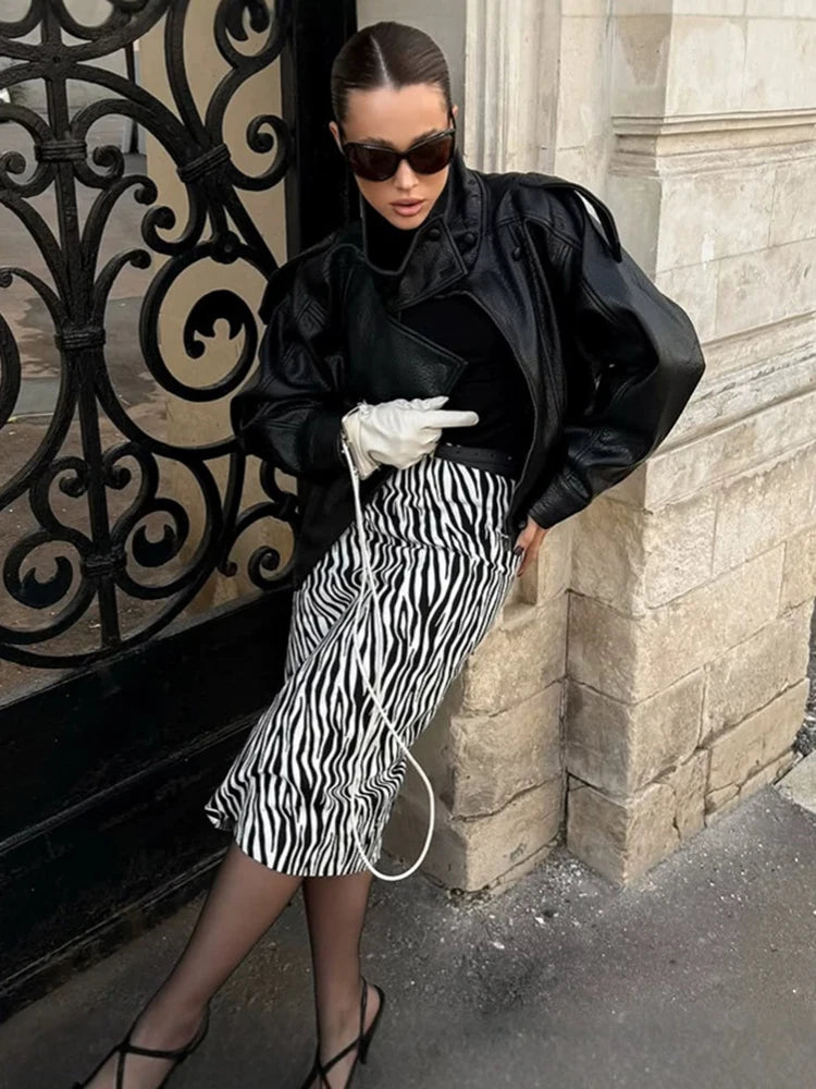 Zebra Print Ruched Midi Skirt
