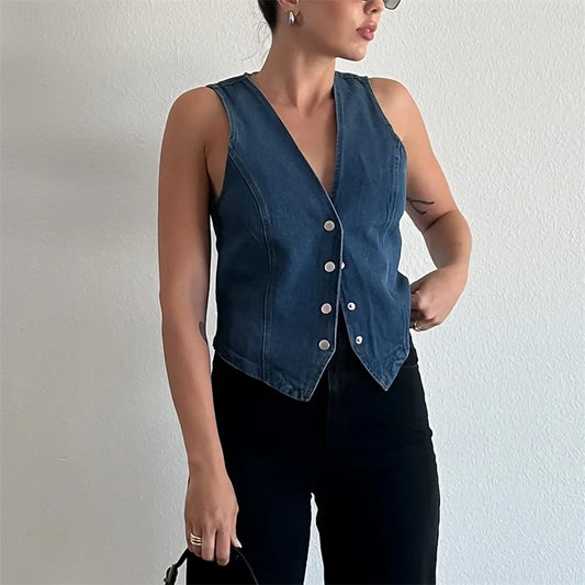 Vintage V-Neck Button Denim Waistcoat