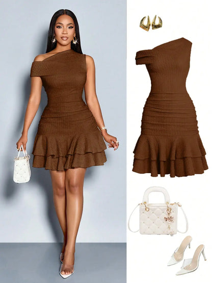Shoulder Asymmetrical Ruffle Mini