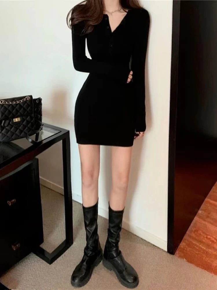 V-Neck Button Bodycon Mini Dress