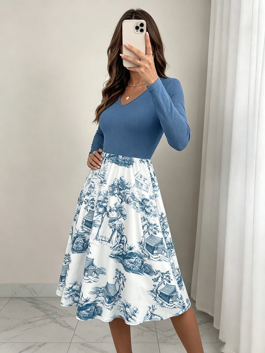 V-Neck A-Line Dress with Animal Print