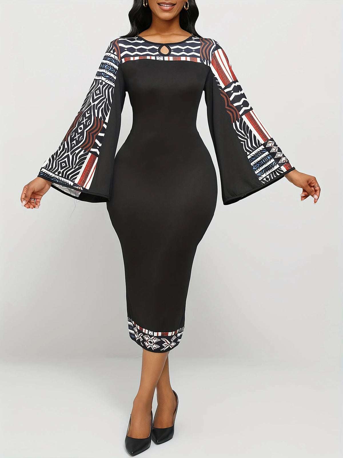 Bohemian Geometric Maxi Dress Bell Sleeves