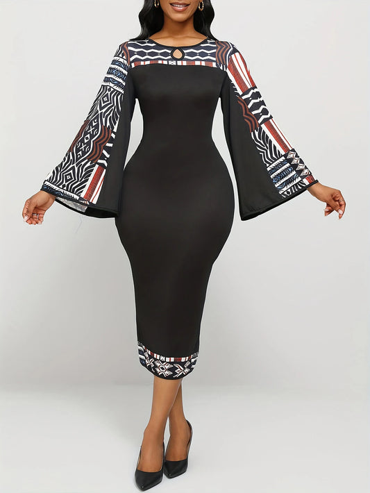 Bohemian Geometric Maxi Dress Bell Sleeves
