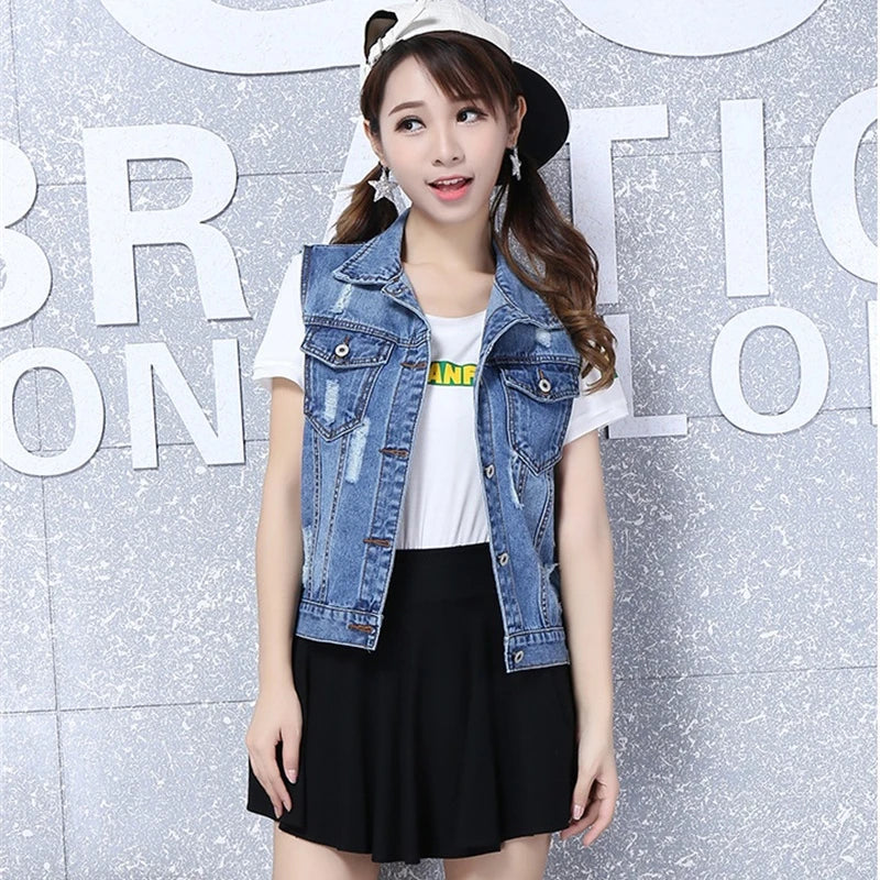 Distressed Denim Vest Jacket Plus Size