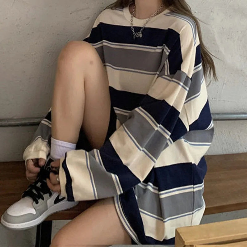 Rainbow Stripe Long Sleeve Loose Tee